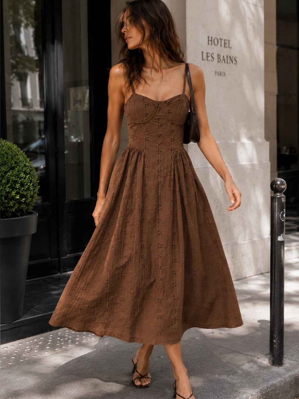 Brown Eyelet Smocked Midi Dress M NWOT